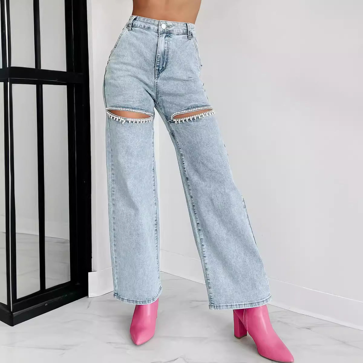 Madison Pearl-Trim Wide-Leg Jeans