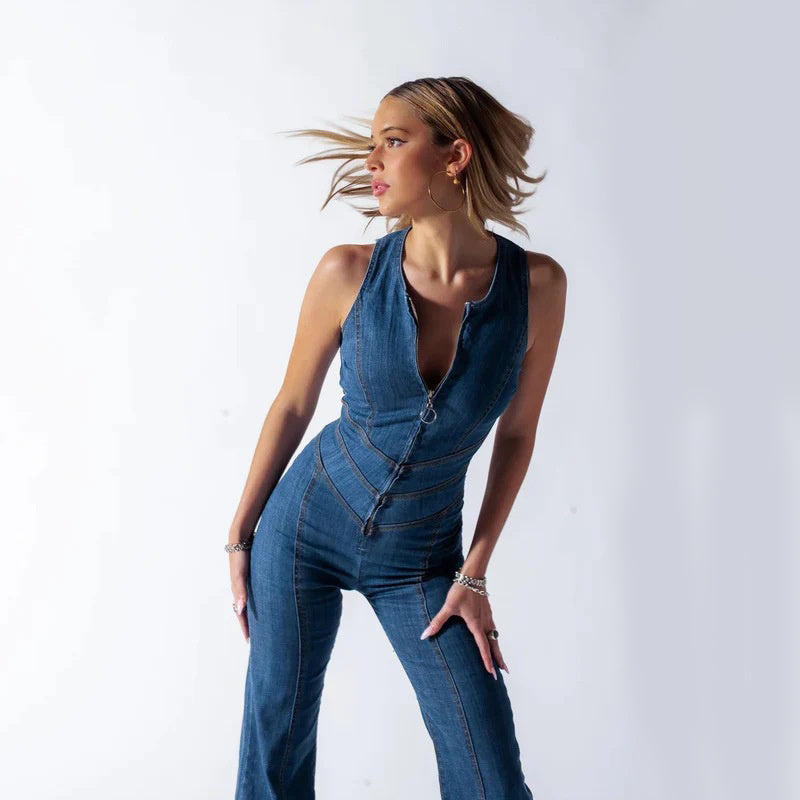 Slim Heart-Shape Backless Denim Jumpsuit