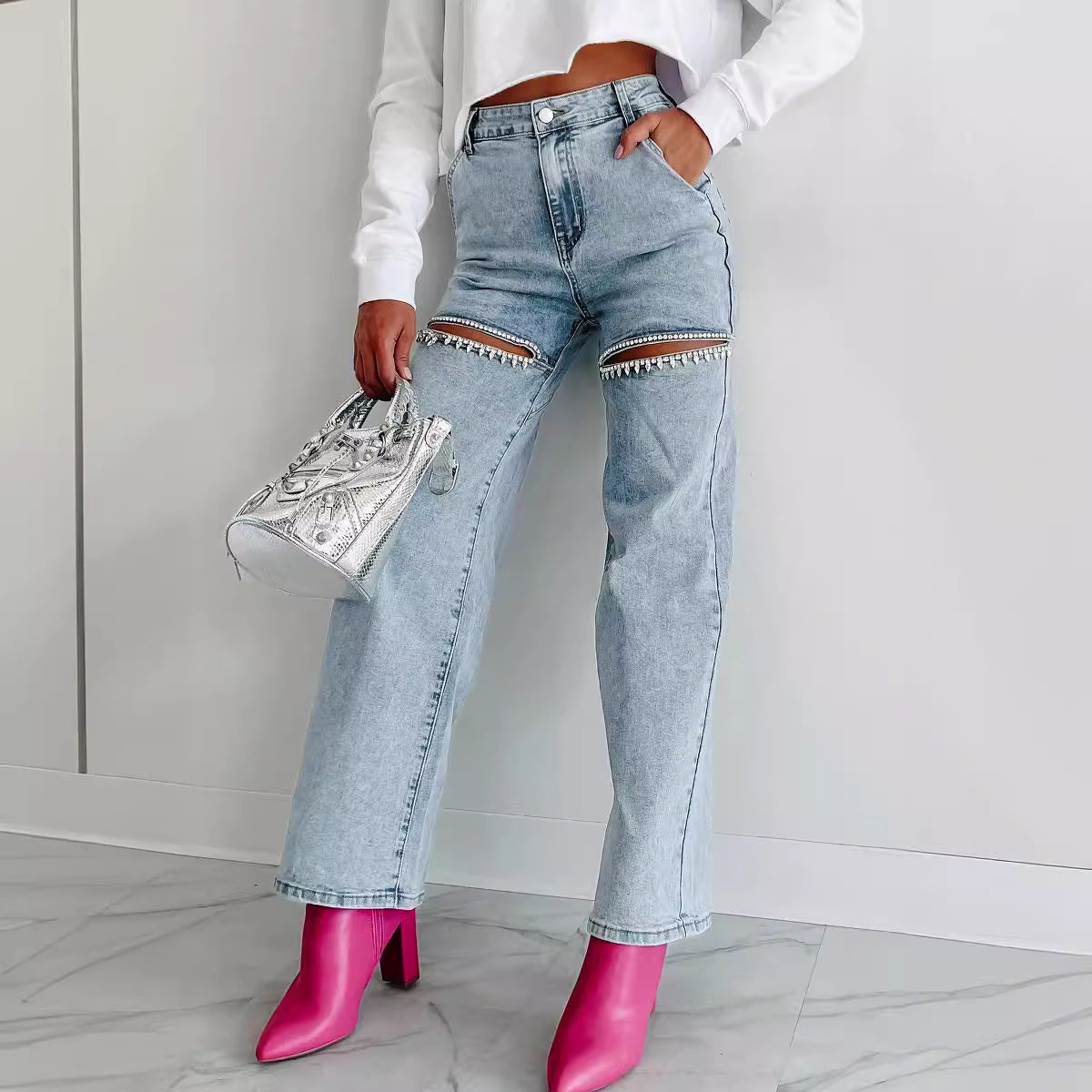 Madison Pearl-Trim Wide-Leg Jeans