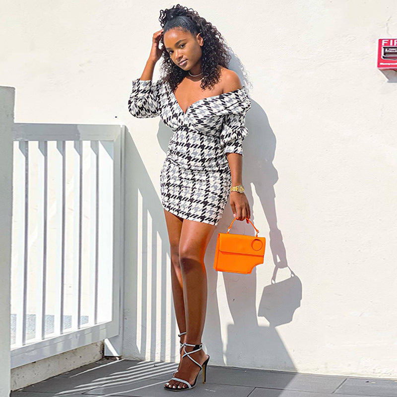 Ariana Off-Shoulder Houndstooth Mini Dress