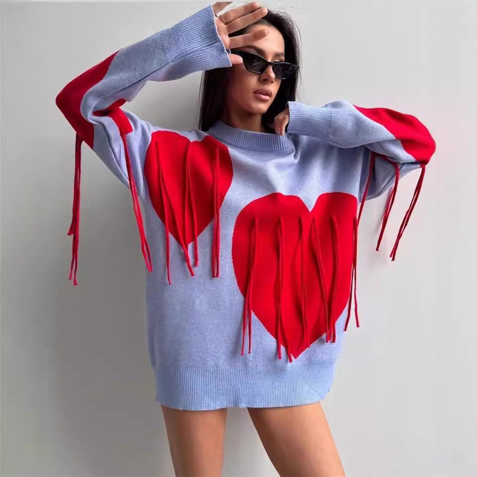 Heart Fringe Oversized Sweater Dress