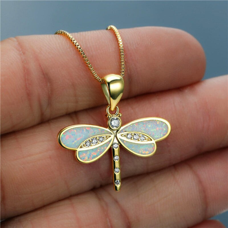 Lily Dragonfly Opal Pendant Necklace