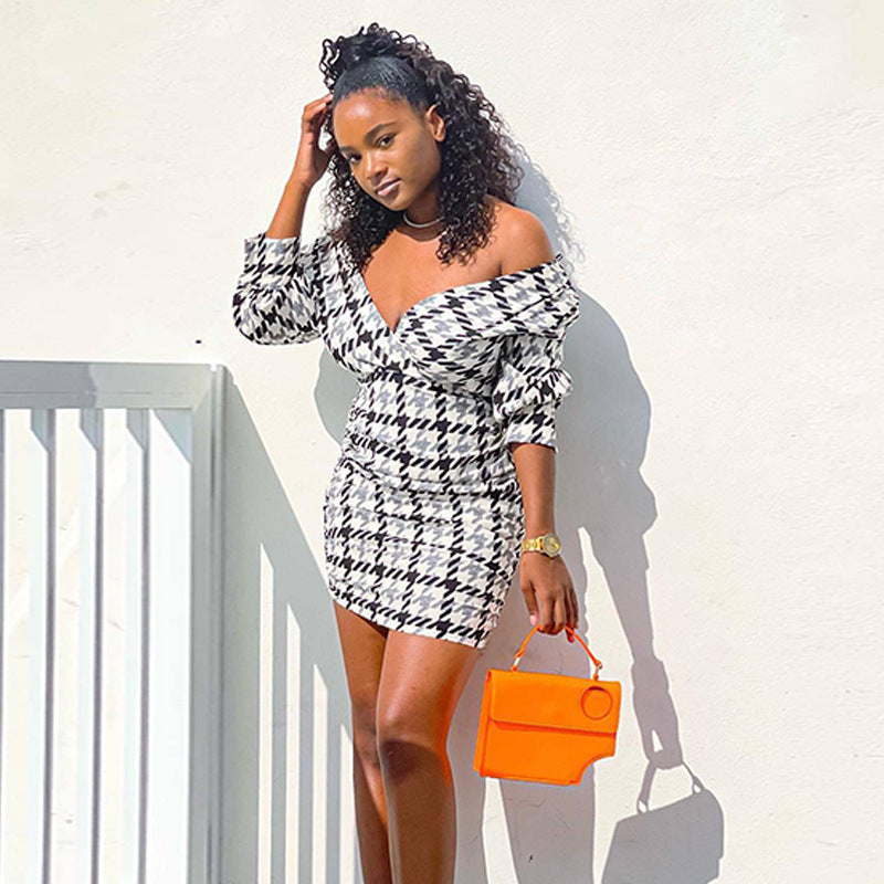 Ariana Off-Shoulder Houndstooth Mini Dress