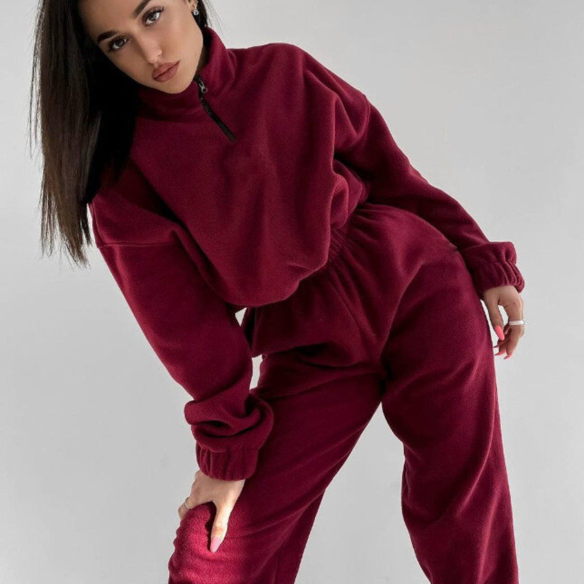 Loose Zip Stand Collar Sweater Two-piece Set