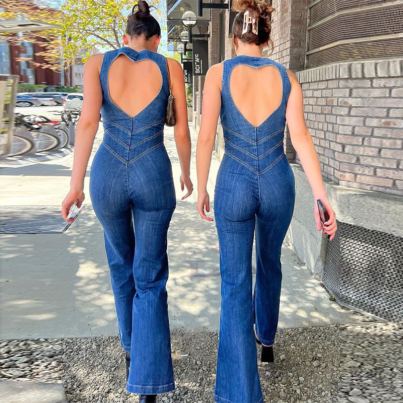 Slim Heart-Shape Backless Denim Jumpsuit