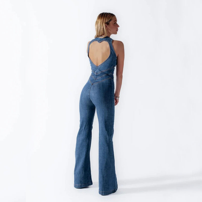 Slim Heart-Shape Backless Denim Jumpsuit