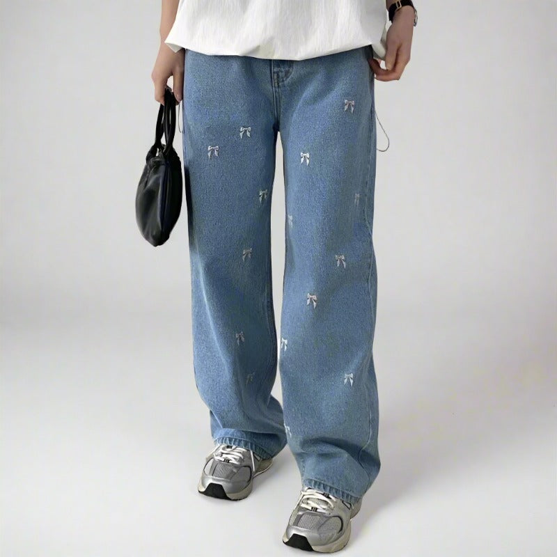 Embroidered Bow High Waist Jeans