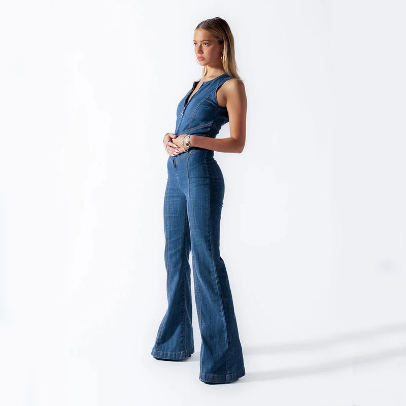 Slim Heart-Shape Backless Denim Jumpsuit