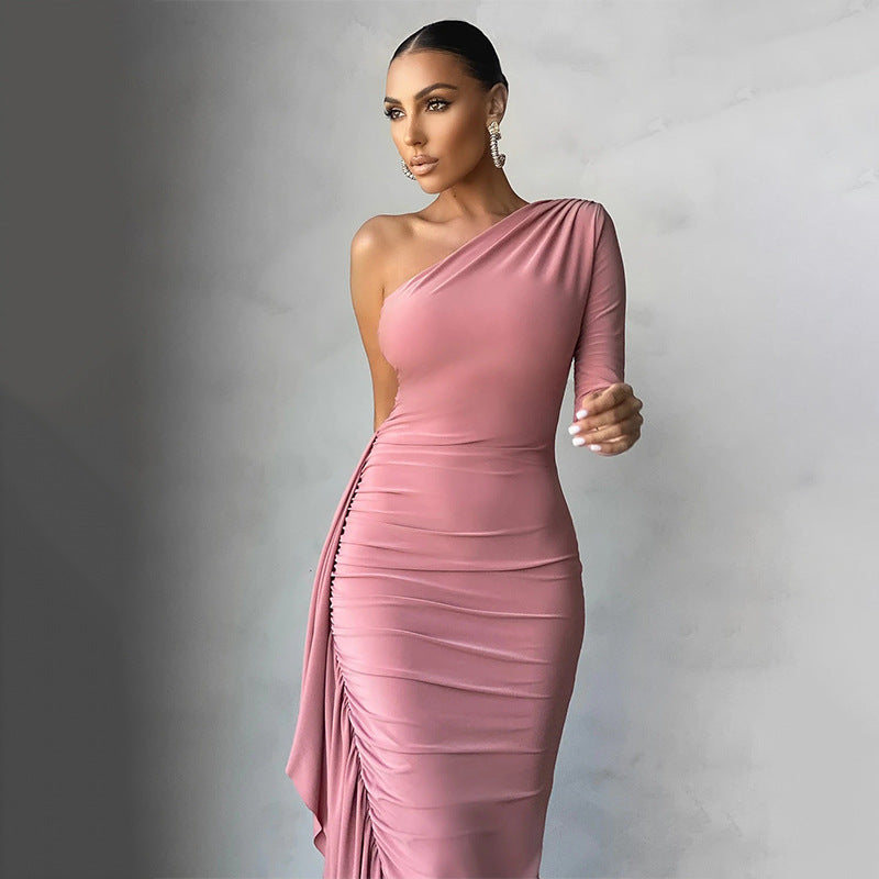 Refined Elegance Pleated Slim-Fit Long-Sleeve Dress