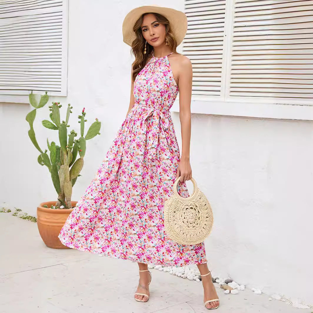 Off-shoulder Halter Sling Printed Swing Dress