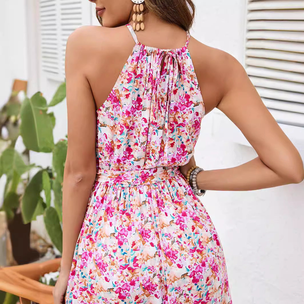 Off-shoulder Halter Sling Printed Swing Dress