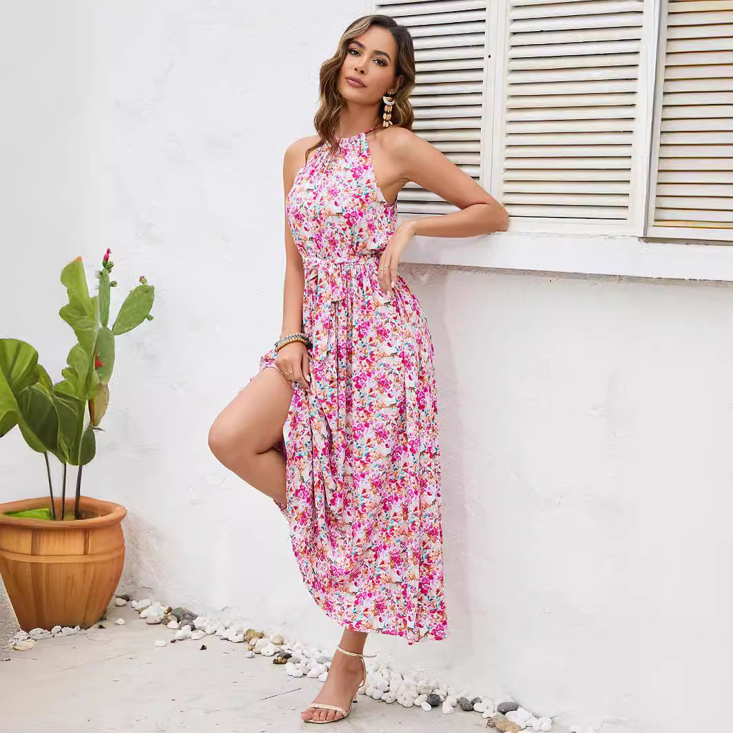 Off-shoulder Halter Sling Printed Swing Dress