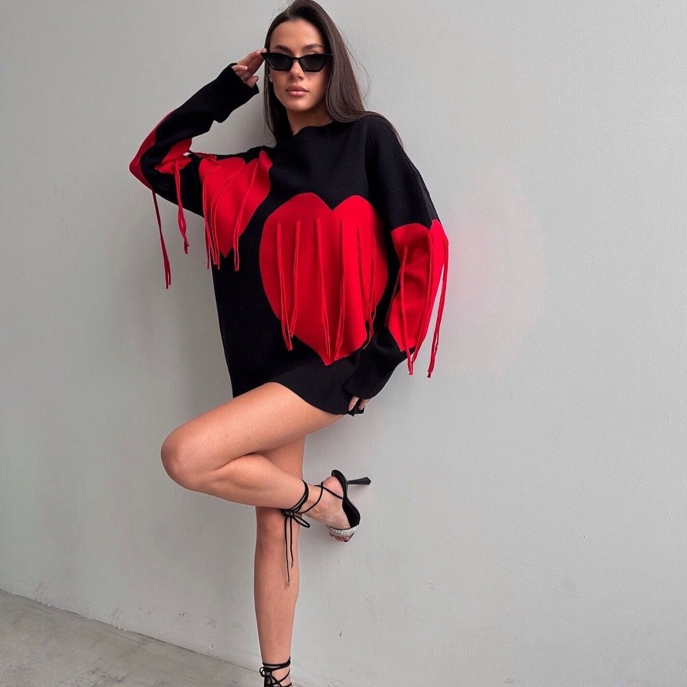 Heart Fringe Oversized Sweater Dress