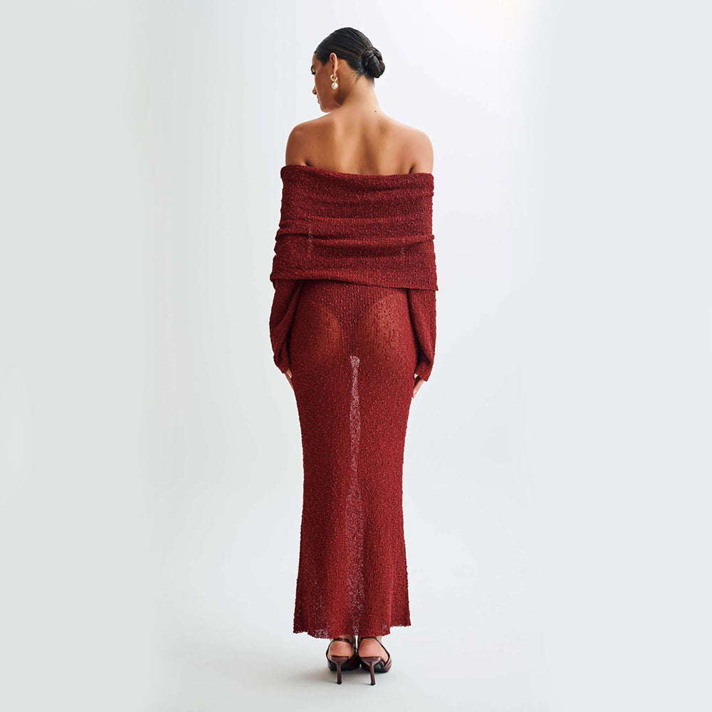 Robe en tricot à épaules dénudées noisette