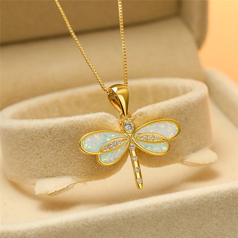 Lily Dragonfly Opal Pendant Necklace