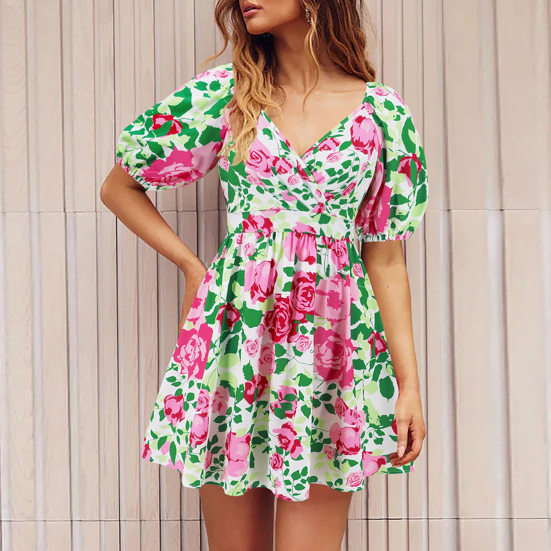 Flowers Print V-Neck Lantern-sleeve Dress