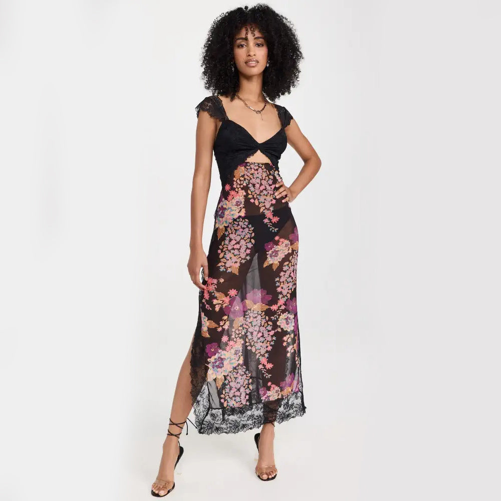 Sheer Floral Lace Maxi Dress