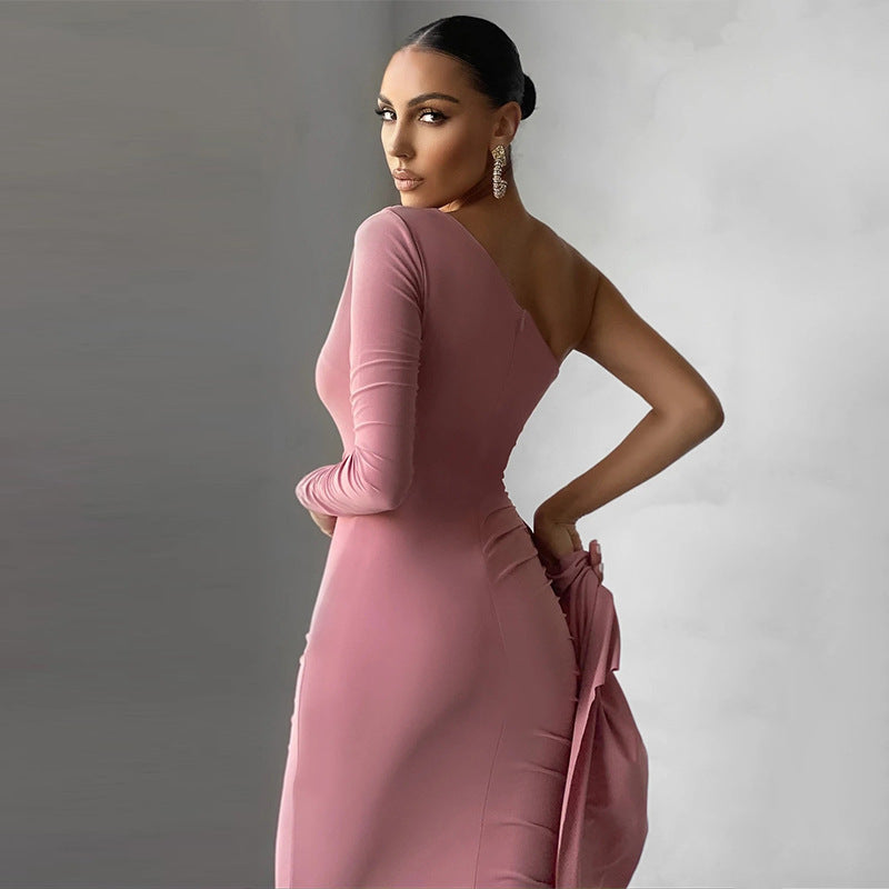 Refined Elegance Pleated Slim-Fit Long-Sleeve Dress